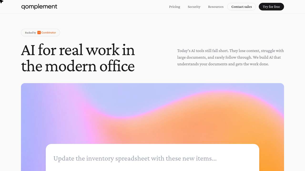 Qomplement homepage hero, with a chat-style box carrying a prompt placeholder
