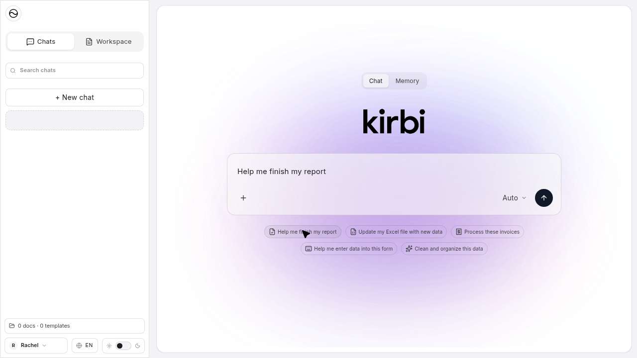 Qomplement kirbi chat interface after signup, with a loaded prompt and an armed send button